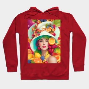 А woman with a white hat and some colorful fruity Hoodie